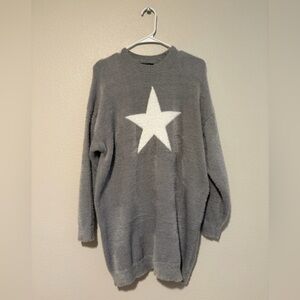 Say What - Gray Stretchy Tunic Sweater with White Star Design NWOT